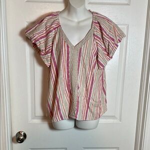 Cupio Women's Short Flutter Sleeve Striped Blouse Linen Blend Size L